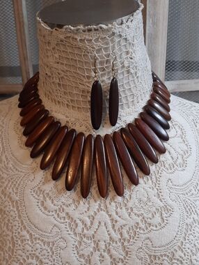Brown Wooden Spike Necklace & Earring Set